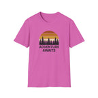 Adventure Awaits T-Shirt — Retro Sunset Forest Graphic Tee