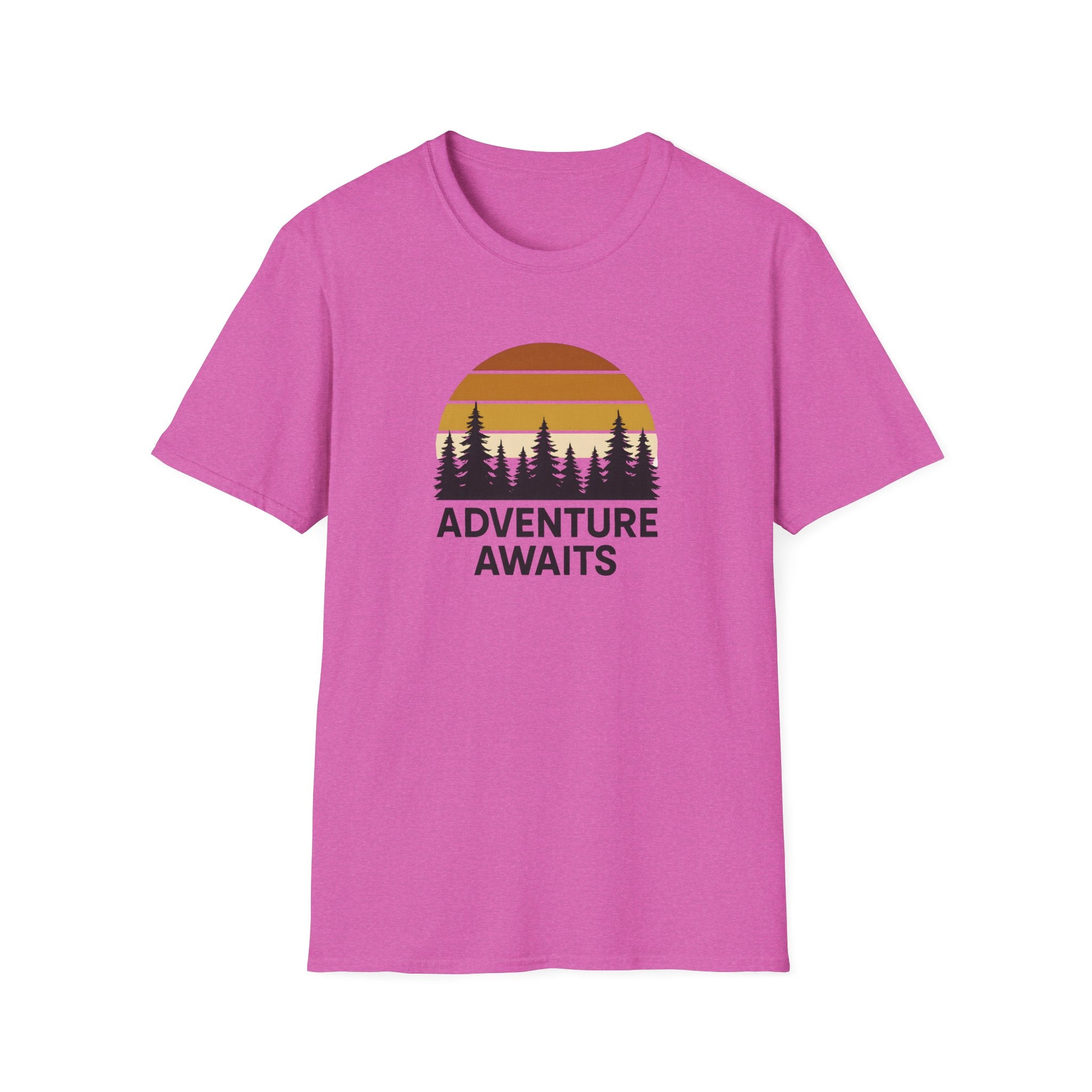 Adventure Awaits T-Shirt — Retro Sunset Forest Graphic Tee