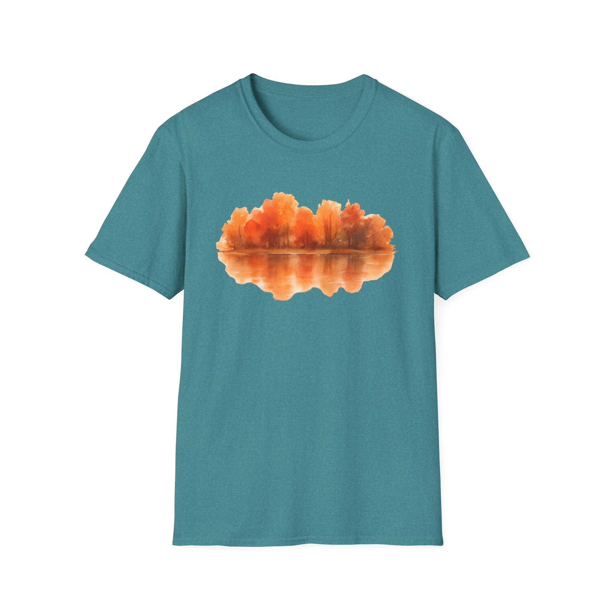 Autumn Lake Reflection T-Shirt — Orange Fall Trees Graphic Tee