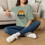 Adventure Awaits T-Shirt — Retro Sunset Forest Graphic Tee