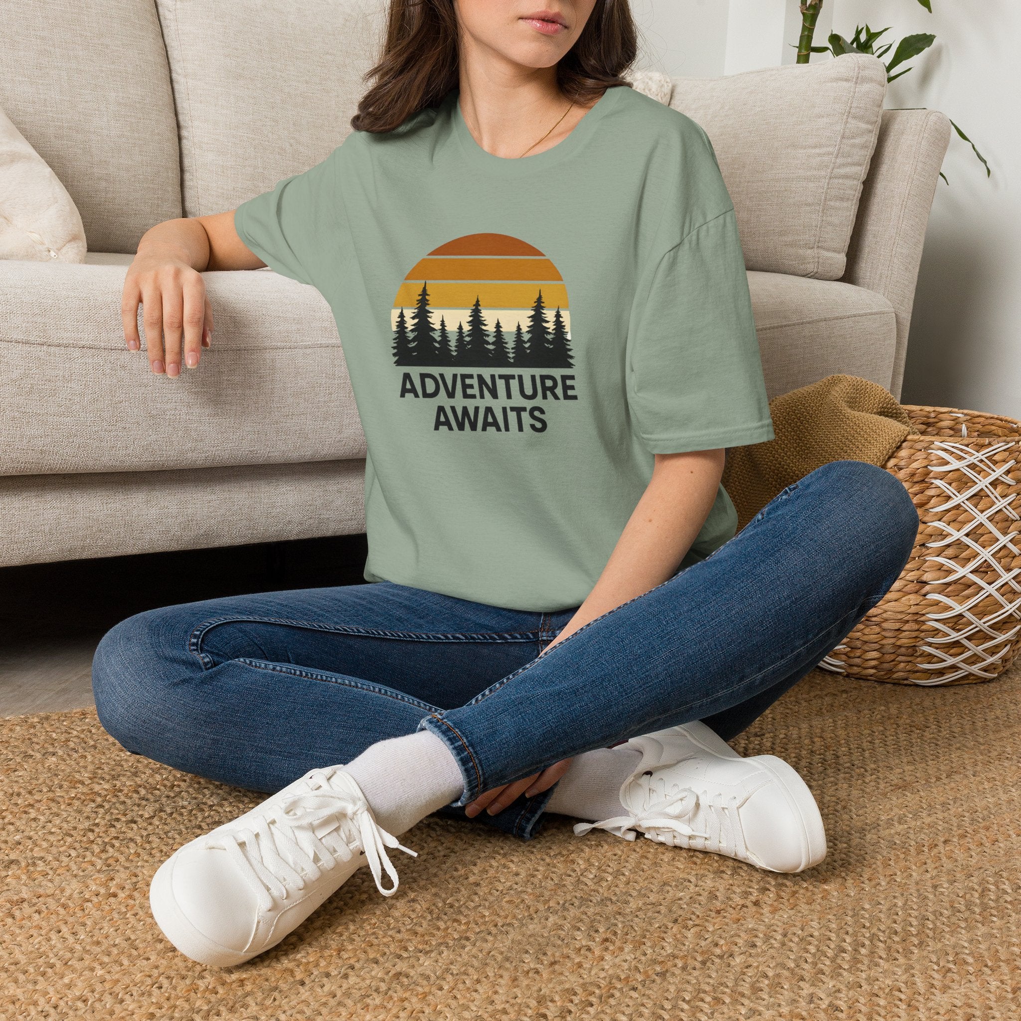 Adventure Awaits T-Shirt — Retro Sunset Forest Graphic Tee