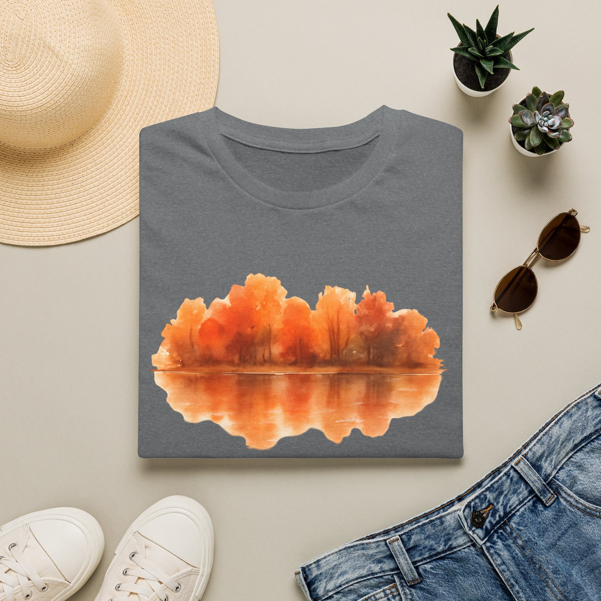 Autumn Lake Reflection T-Shirt — Orange Fall Trees Graphic Tee