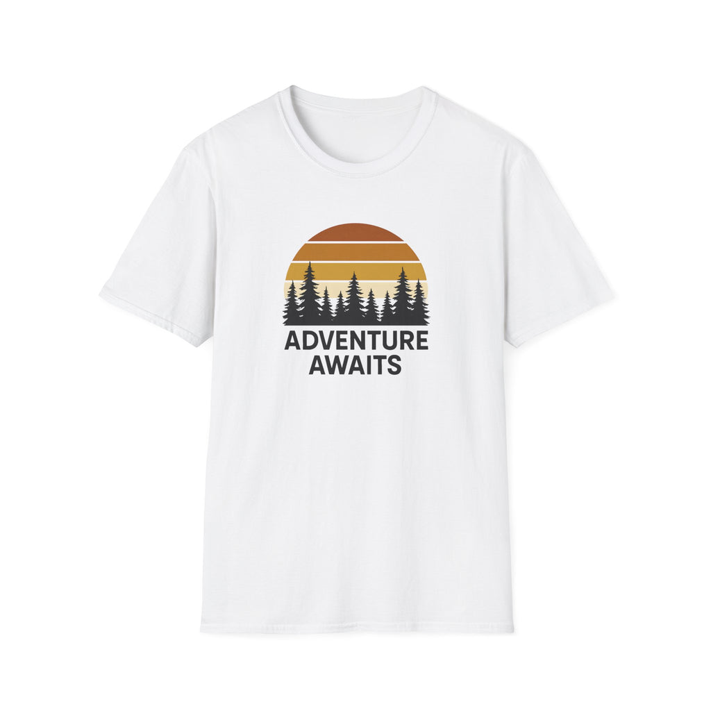 Adventure Awaits T-Shirt — Retro Sunset Forest Graphic Tee