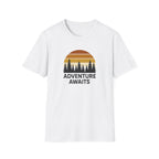 Adventure Awaits T-Shirt — Retro Sunset Forest Graphic Tee