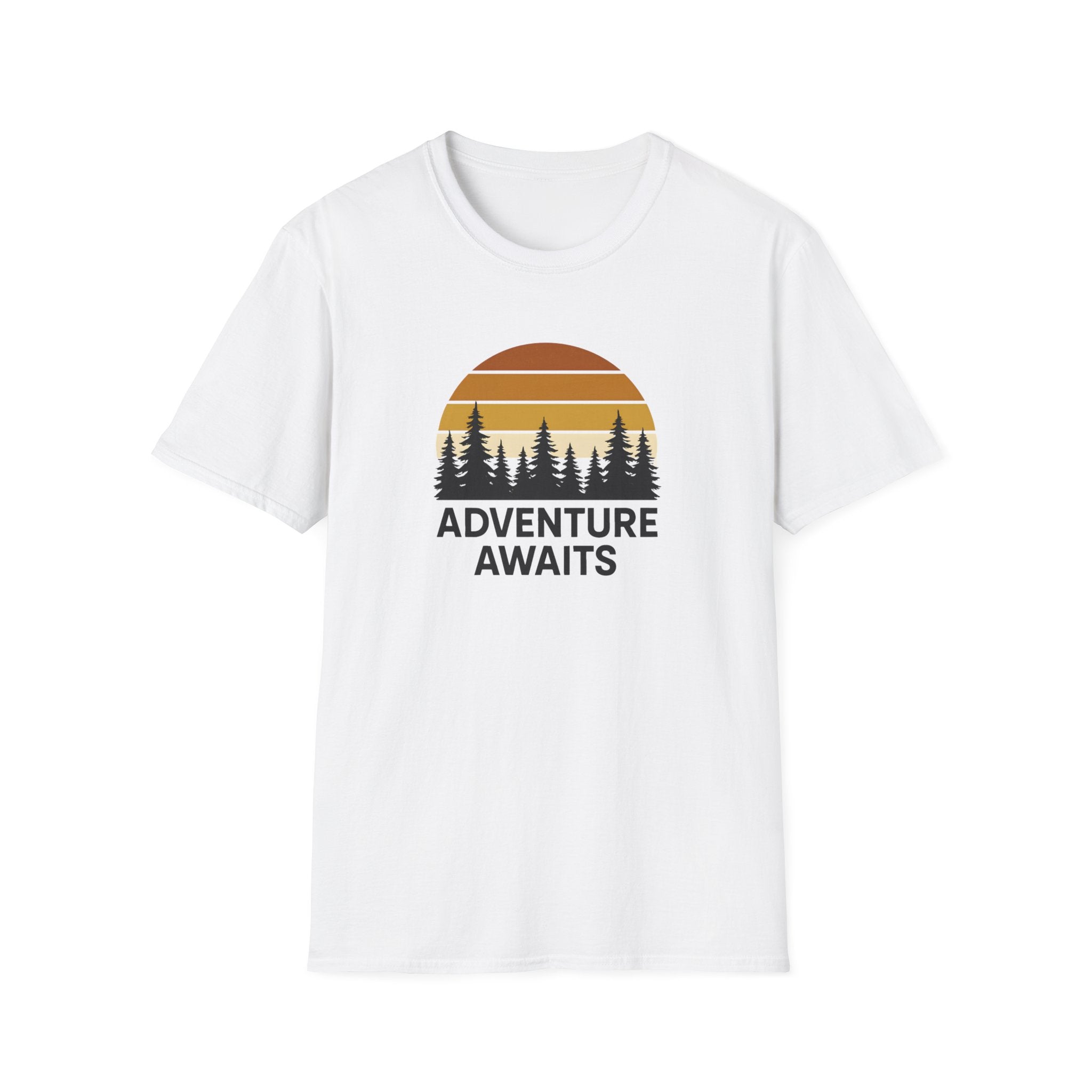 Adventure Awaits T-Shirt — Retro Sunset Forest Graphic Tee