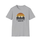 Adventure Awaits T-Shirt — Retro Sunset Forest Graphic Tee