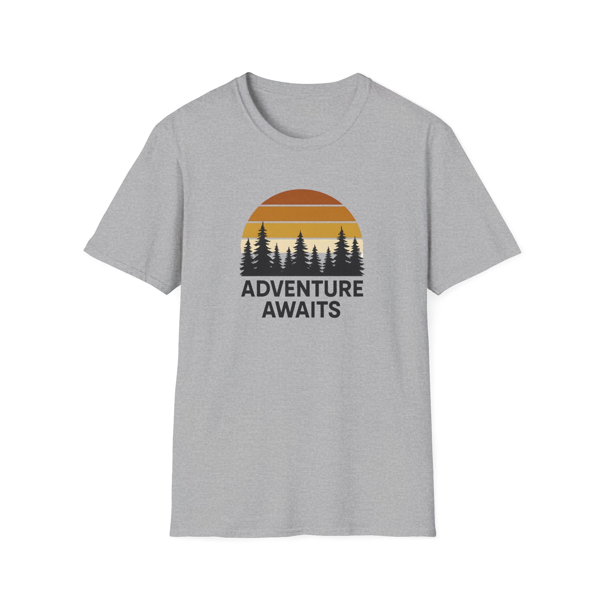 Adventure Awaits T-Shirt — Retro Sunset Forest Graphic Tee