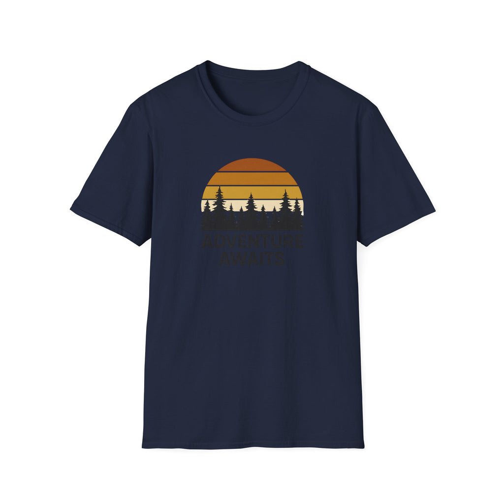 Adventure Awaits T-Shirt — Retro Sunset Forest Graphic Tee
