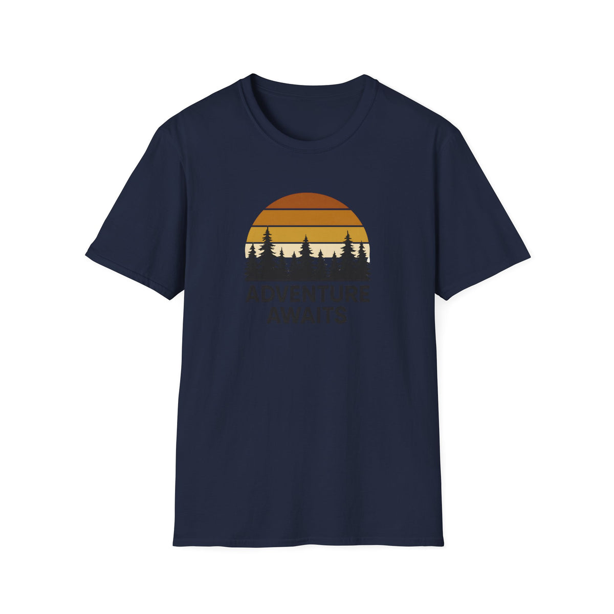 Adventure Awaits T-Shirt — Retro Sunset Forest Graphic Tee