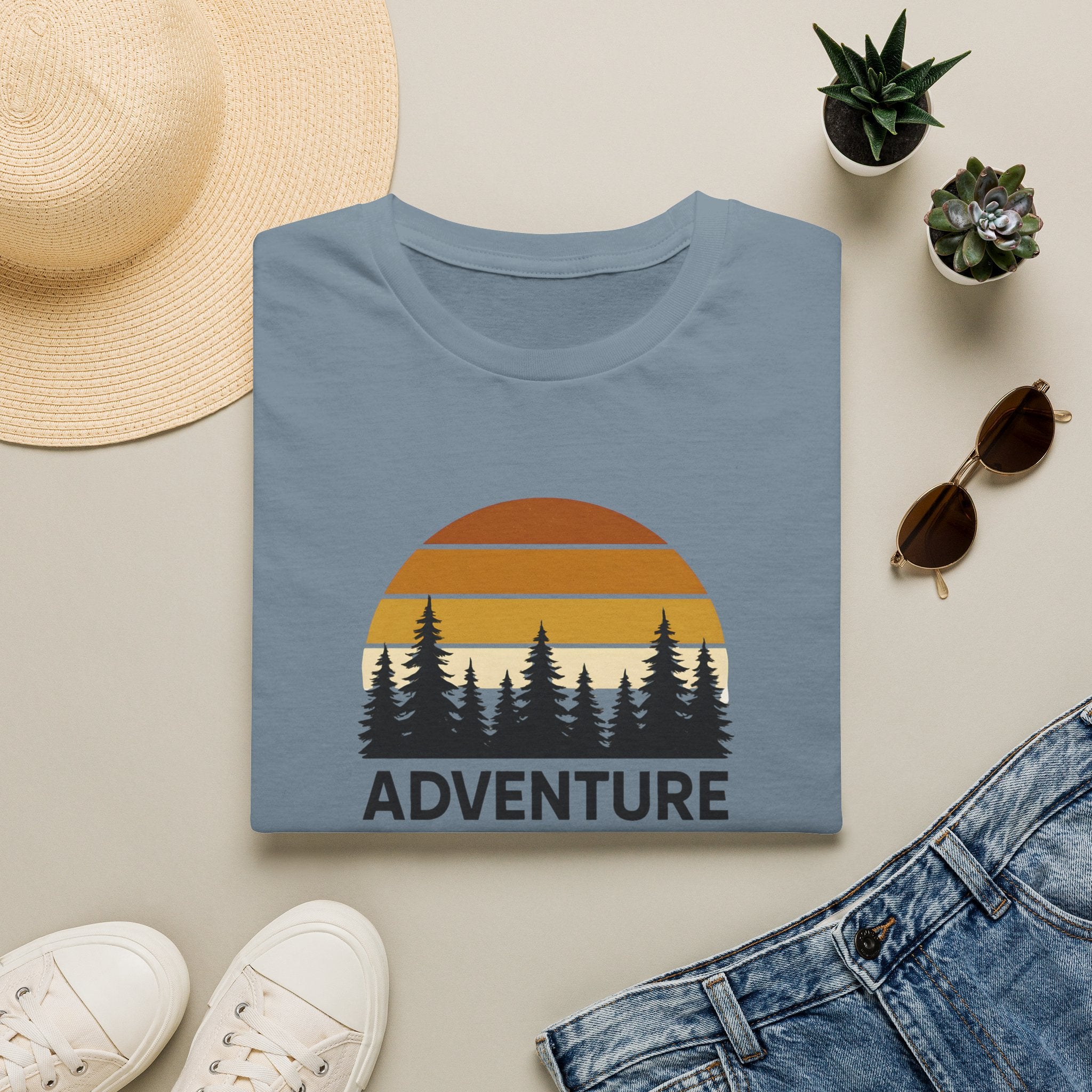 Adventure Awaits T-Shirt — Retro Sunset Forest Graphic Tee