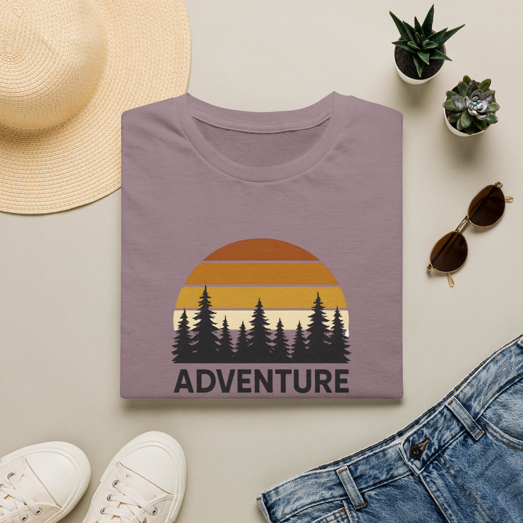 Adventure Awaits T-Shirt — Retro Sunset Forest Graphic Tee