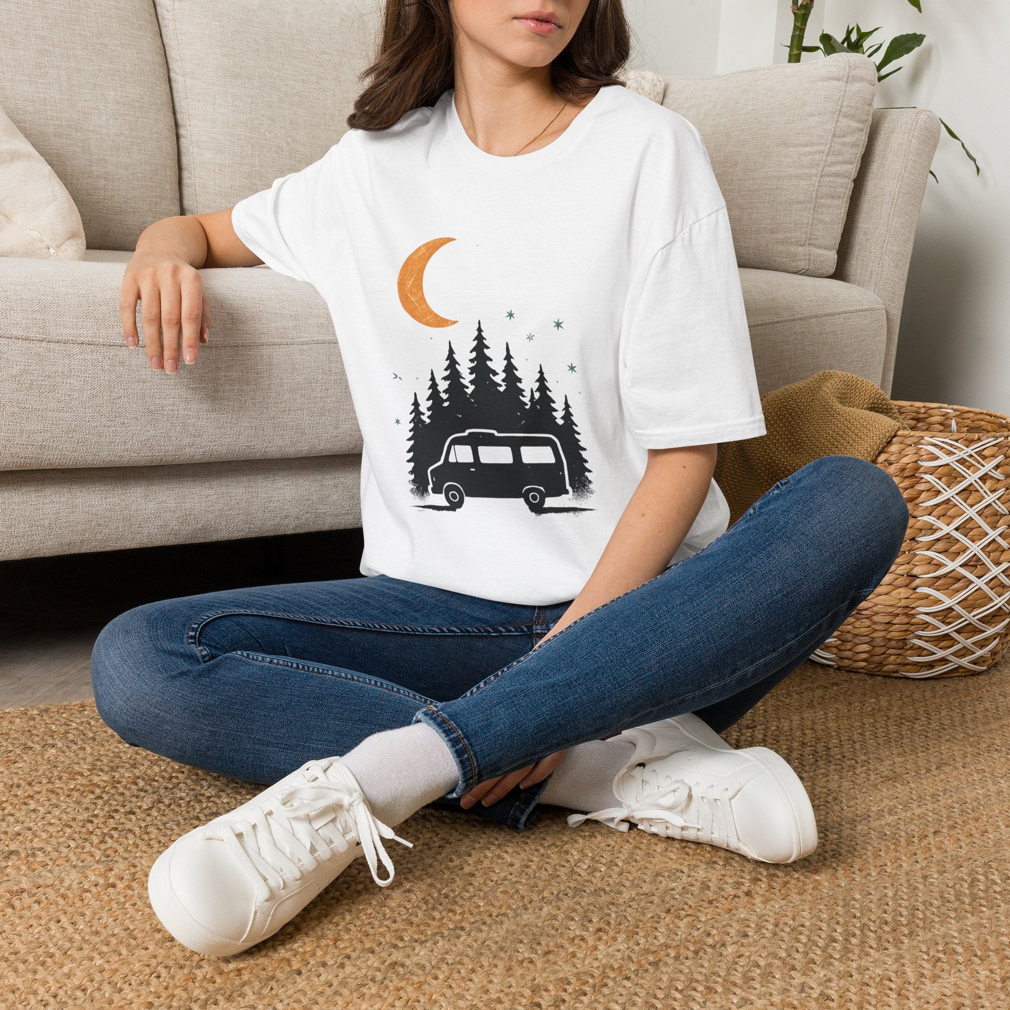 T-Shirt: Retro Camper Night Moon Tee — Forest Van Camping Graphic