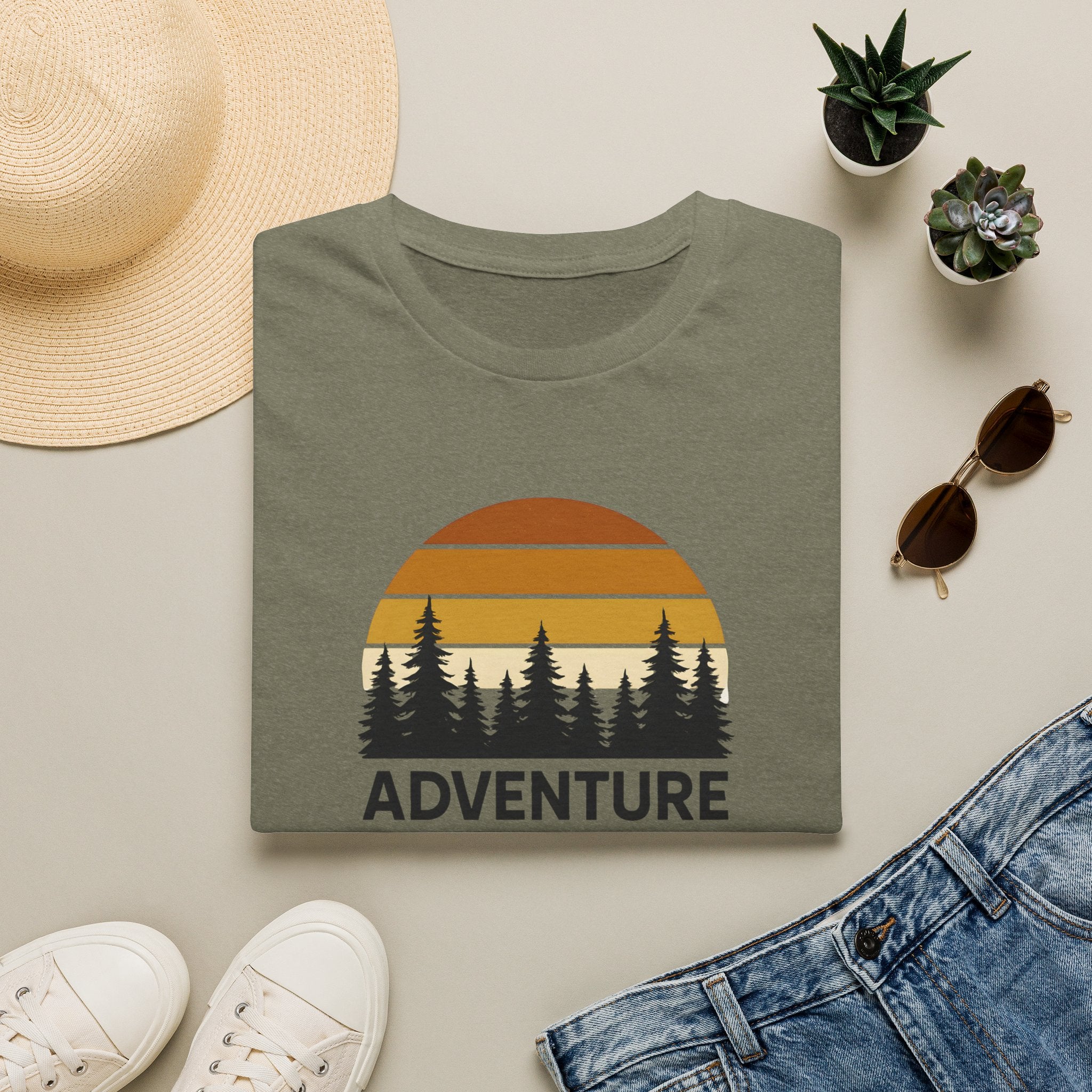 Adventure Awaits T-Shirt — Retro Sunset Forest Graphic Tee