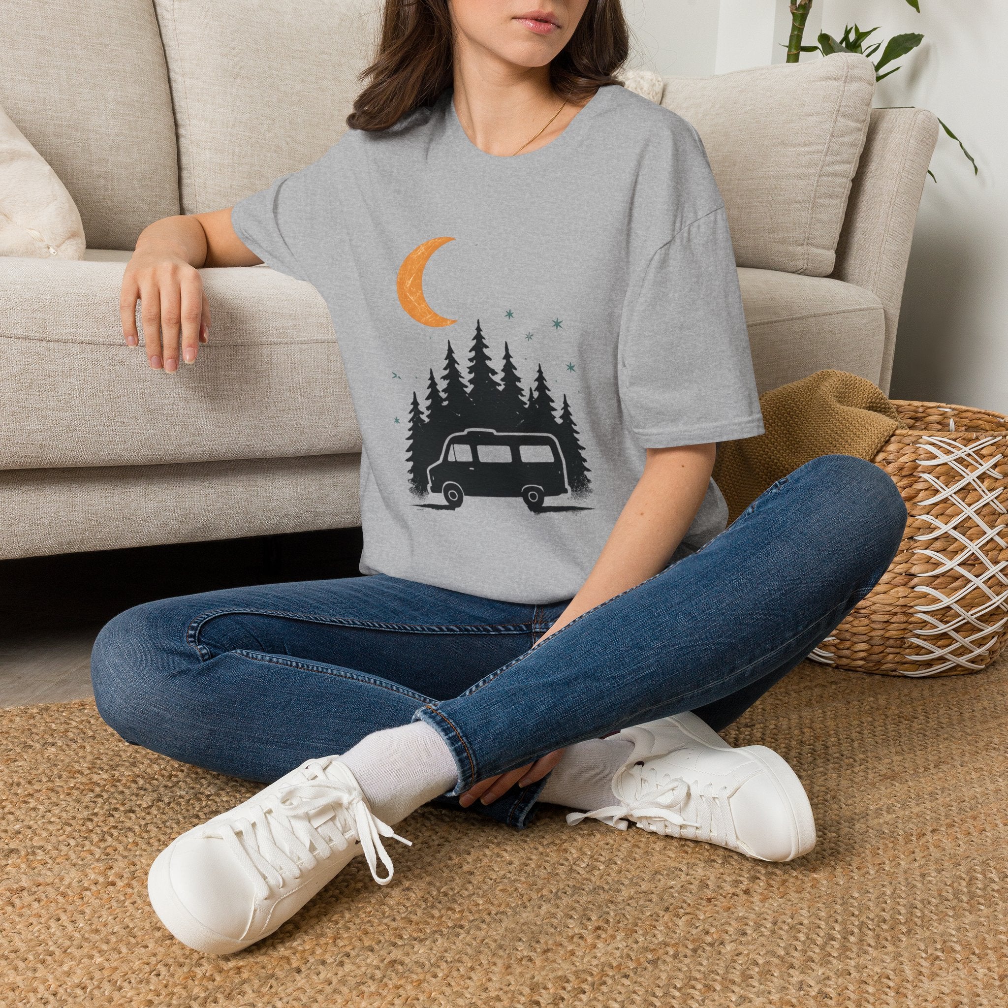 T-Shirt: Retro Camper Night Moon Tee — Forest Van Camping Graphic