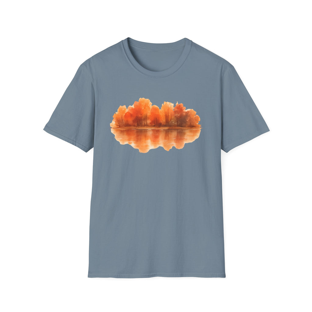 Autumn Lake Reflection T-Shirt — Orange Fall Trees Graphic Tee