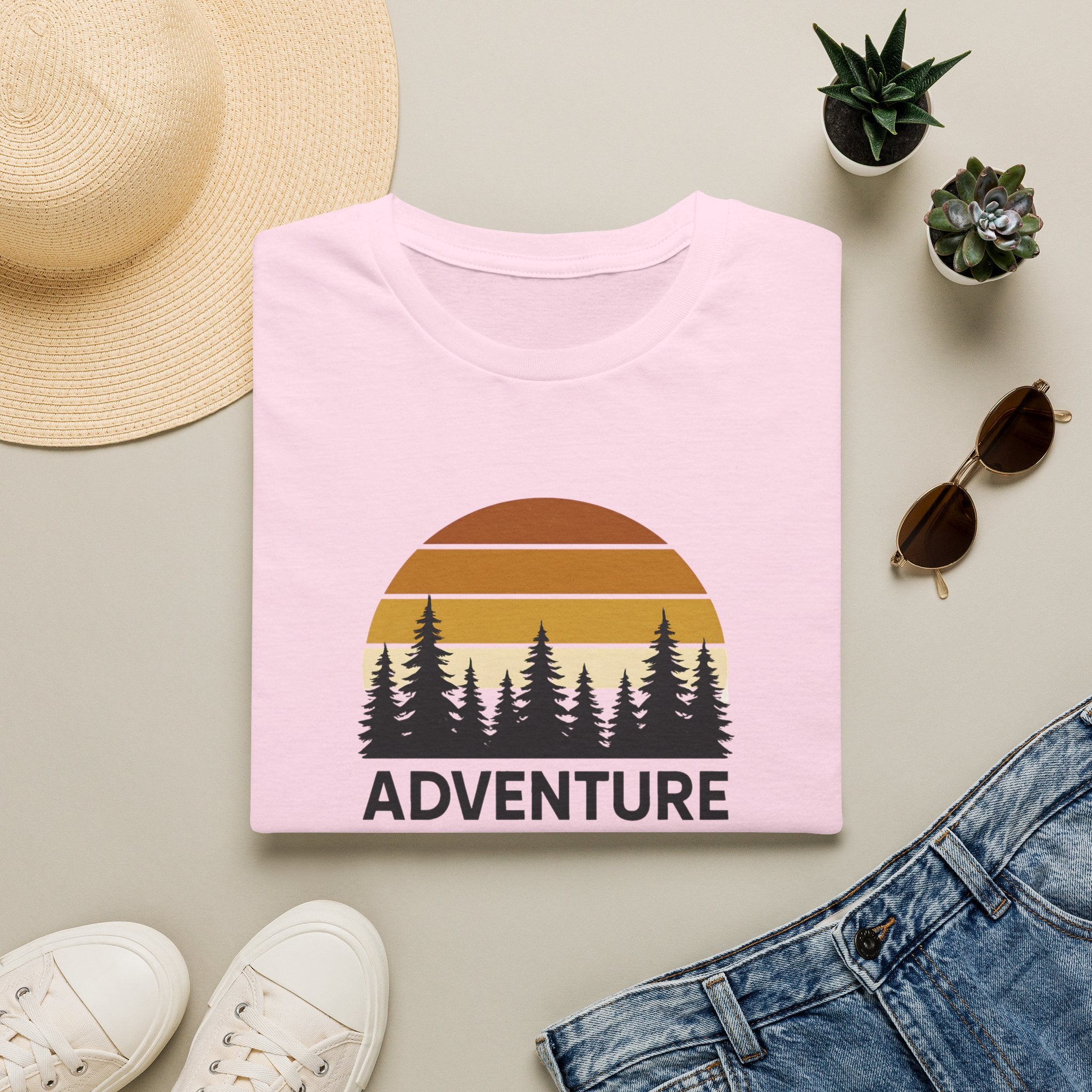 Adventure Awaits T-Shirt — Retro Sunset Forest Graphic Tee