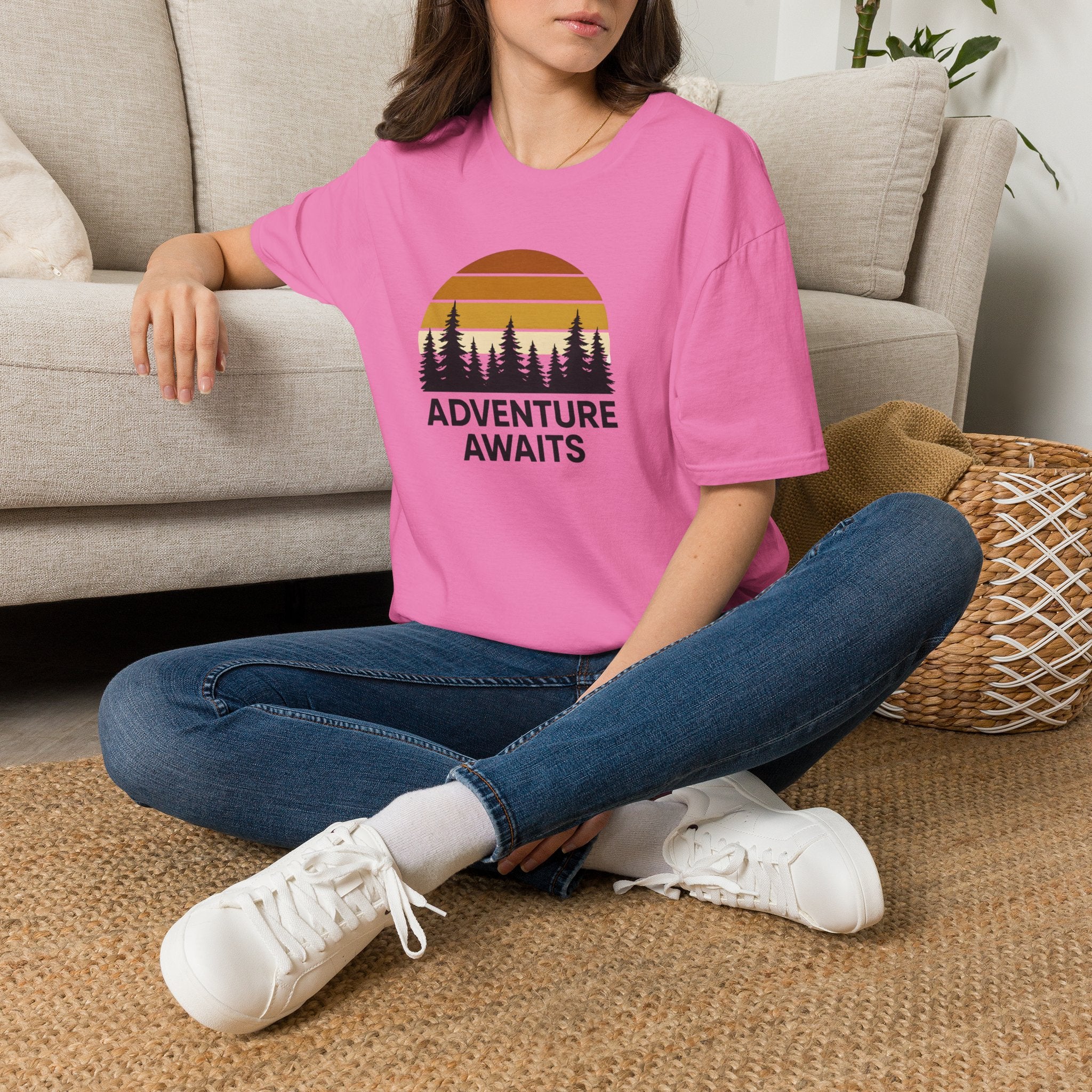 Adventure Awaits T-Shirt — Retro Sunset Forest Graphic Tee