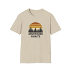 Adventure Awaits T-Shirt — Retro Sunset Forest Graphic Tee