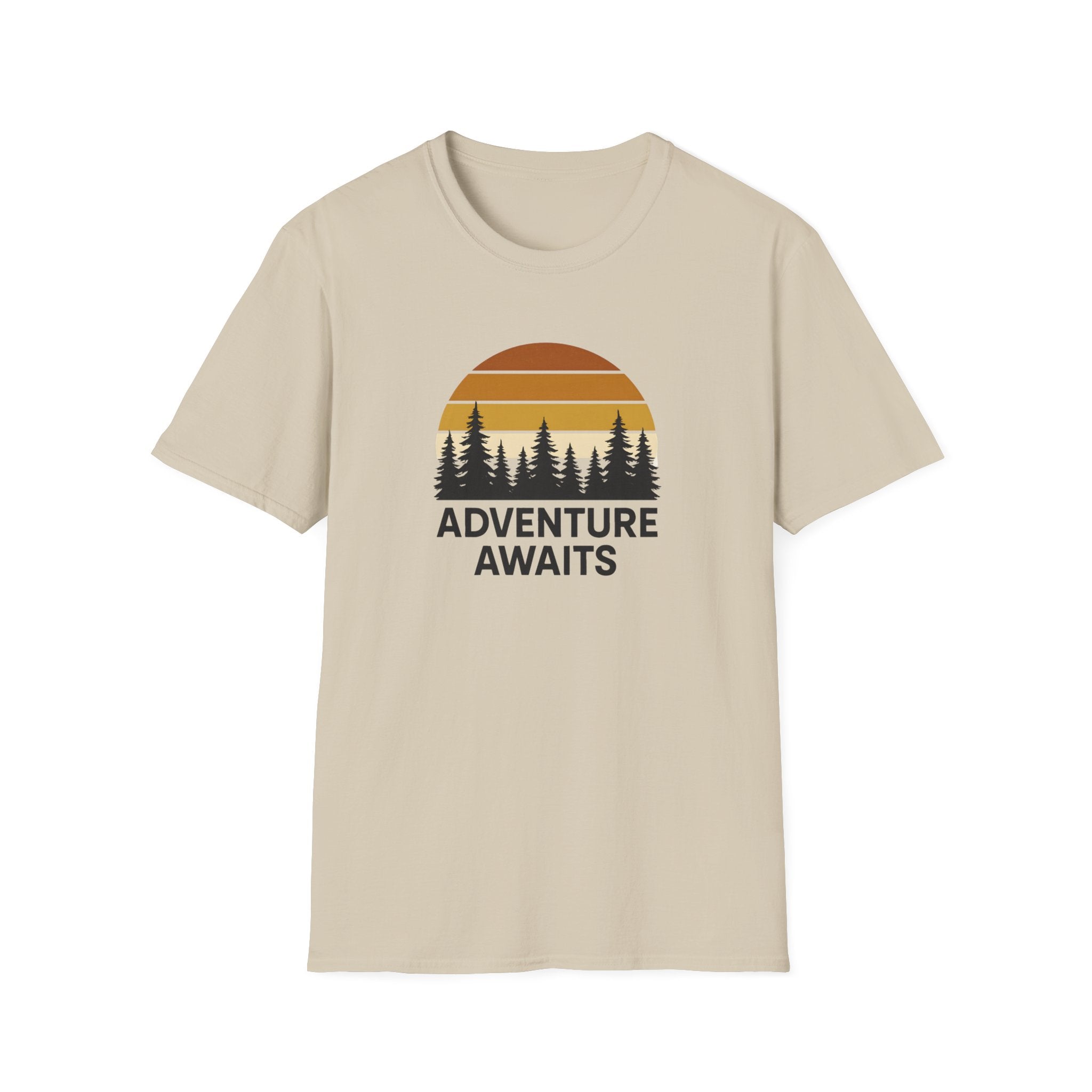 Adventure Awaits T-Shirt — Retro Sunset Forest Graphic Tee