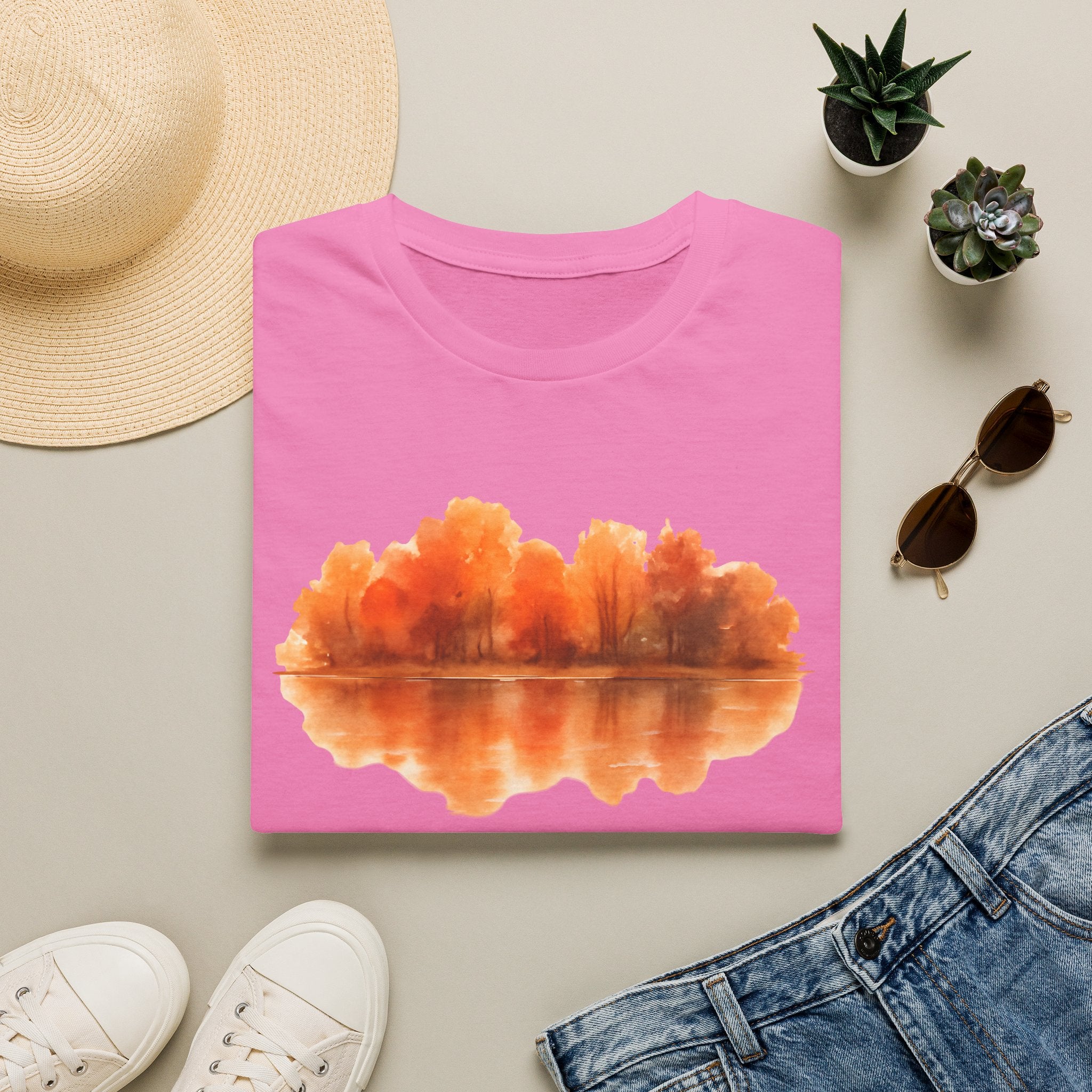 Autumn Lake Reflection T-Shirt — Orange Fall Trees Graphic Tee