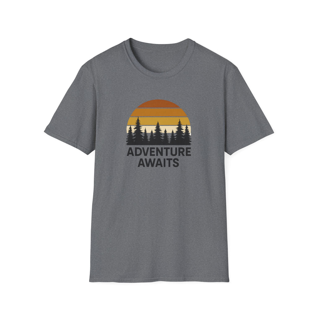 Adventure Awaits T-Shirt — Retro Sunset Forest Graphic Tee