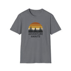 Adventure Awaits T-Shirt — Retro Sunset Forest Graphic Tee