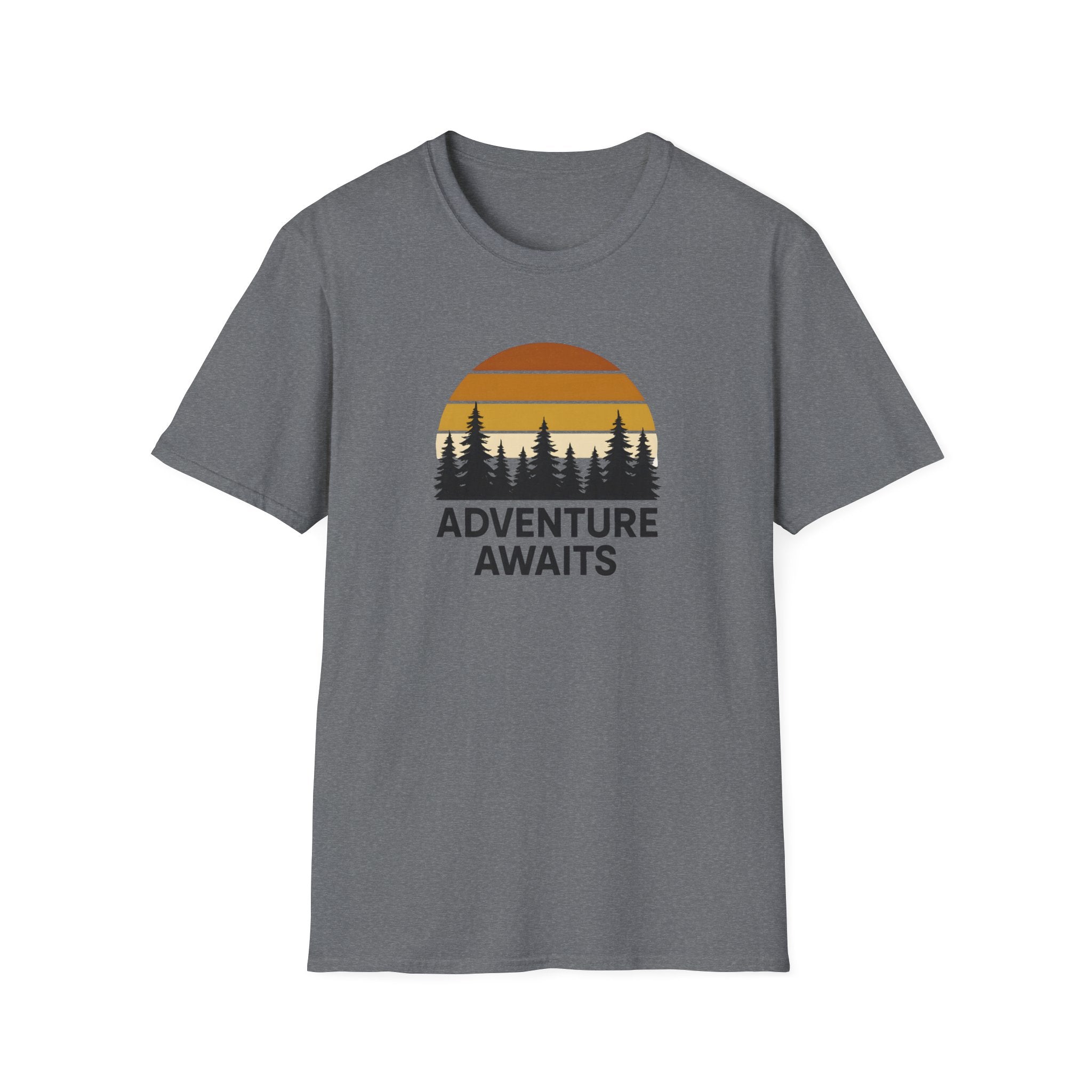 Adventure Awaits T-Shirt — Retro Sunset Forest Graphic Tee