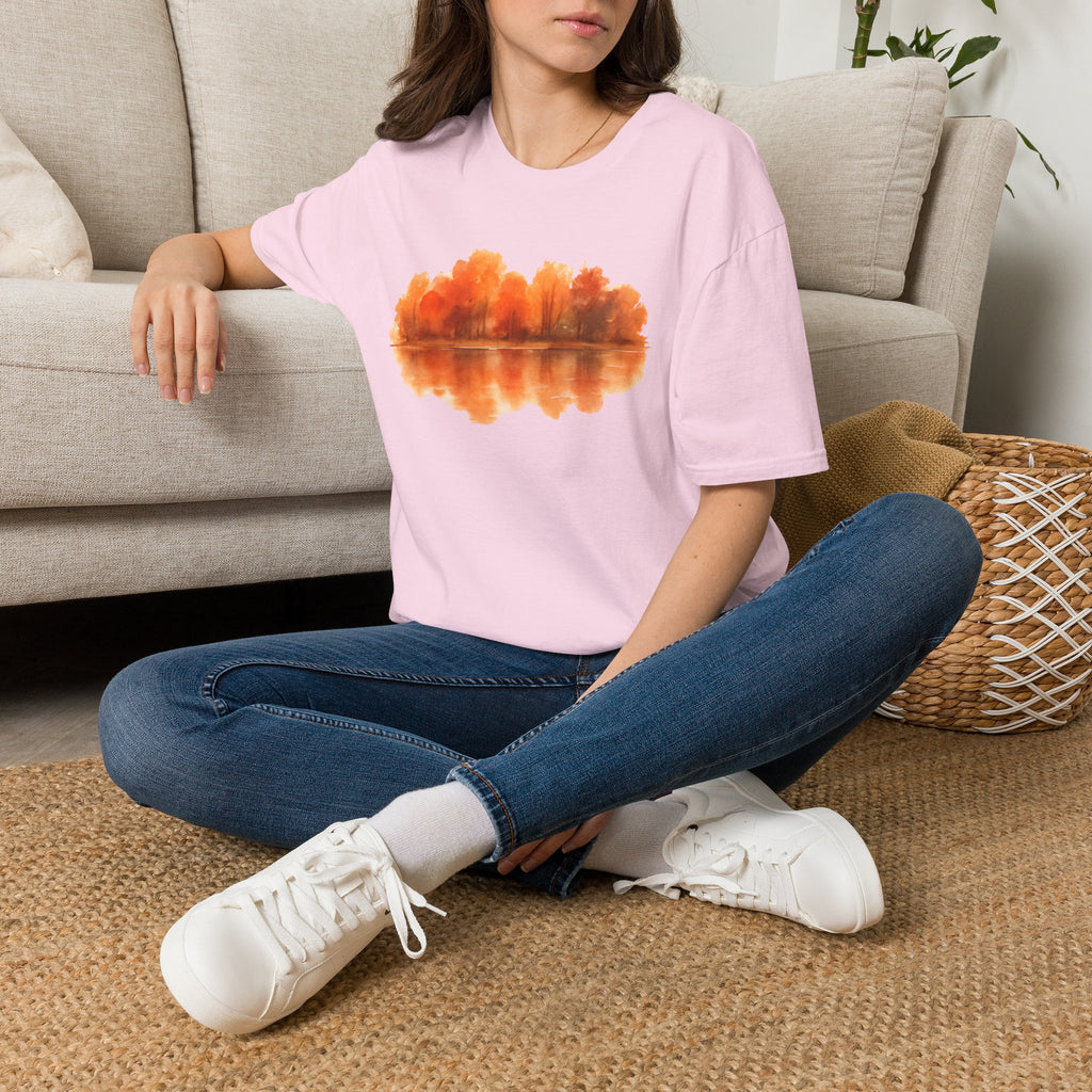 Autumn Lake Reflection T-Shirt — Orange Fall Trees Graphic Tee