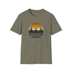 Adventure Awaits T-Shirt — Retro Sunset Forest Graphic Tee