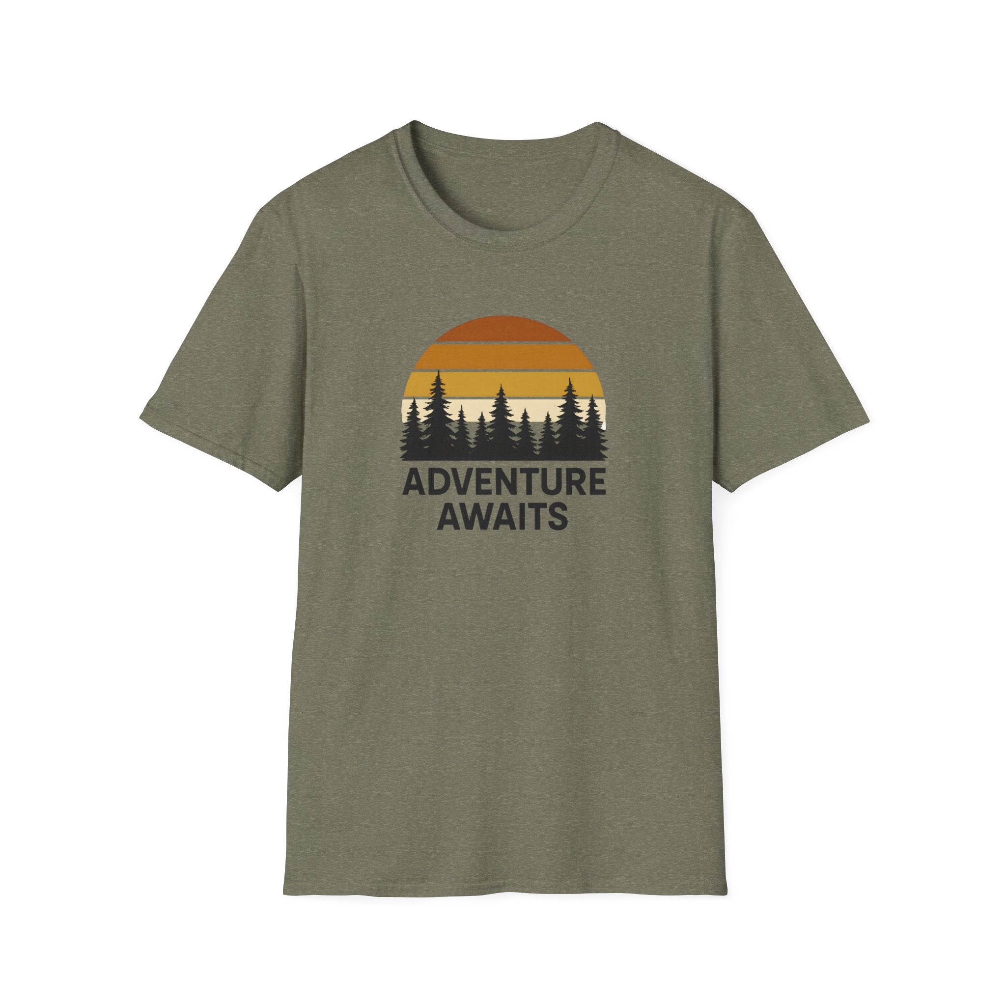 Adventure Awaits T-Shirt — Retro Sunset Forest Graphic Tee