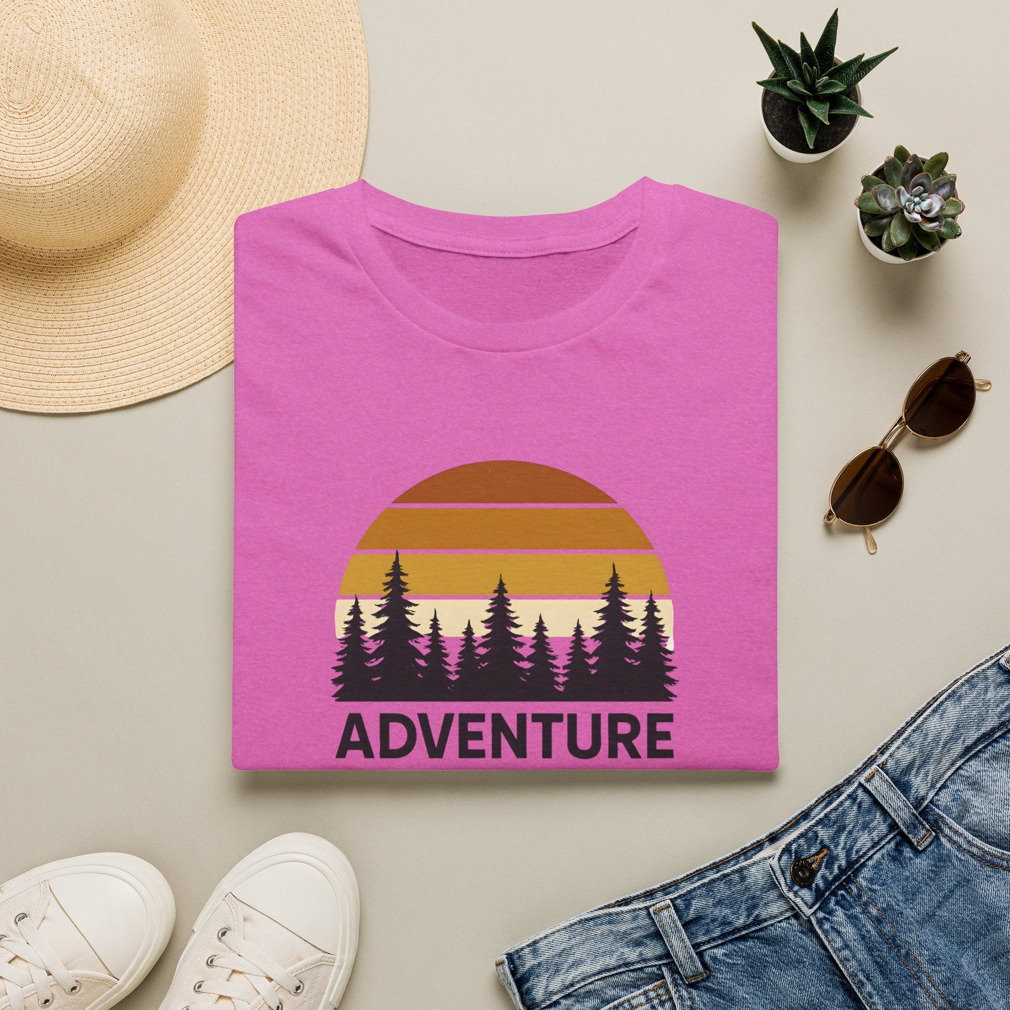 Adventure Awaits T-Shirt — Retro Sunset Forest Graphic Tee