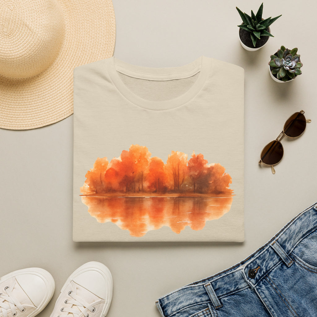Autumn Lake Reflection T-Shirt — Orange Fall Trees Graphic Tee