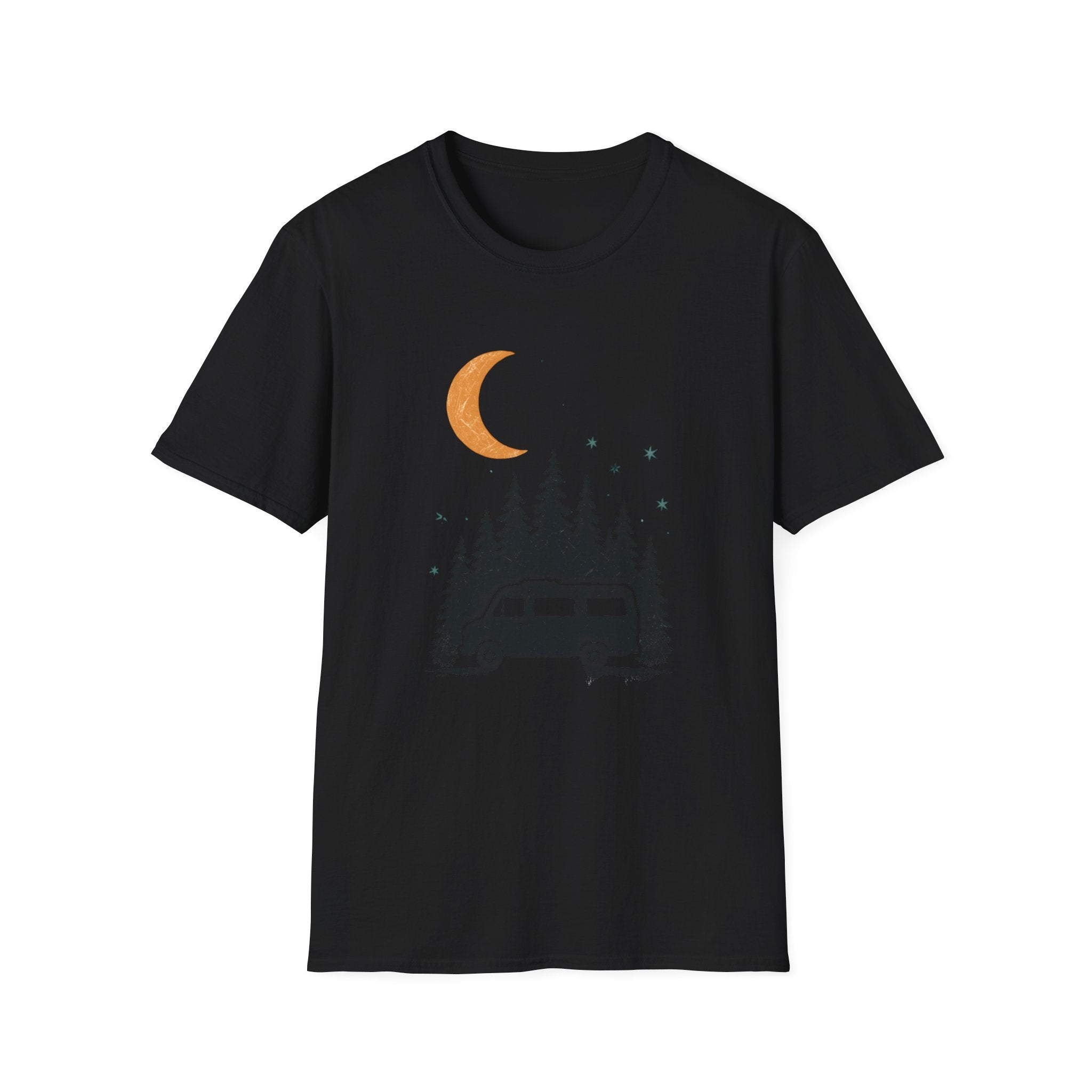 T-Shirt: Retro Camper Night Moon Tee — Forest Van Camping Graphic