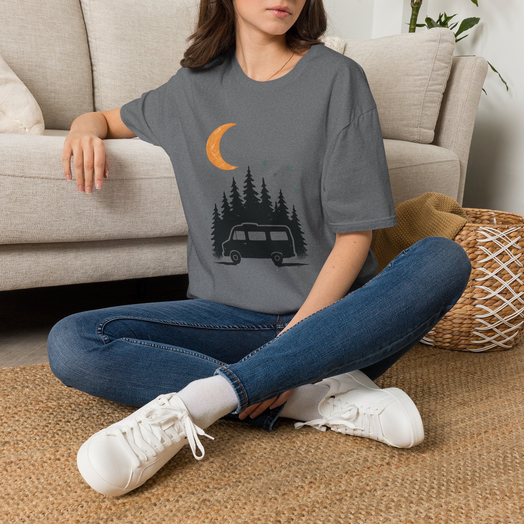 T-Shirt: Retro Camper Night Moon Tee — Forest Van Camping Graphic