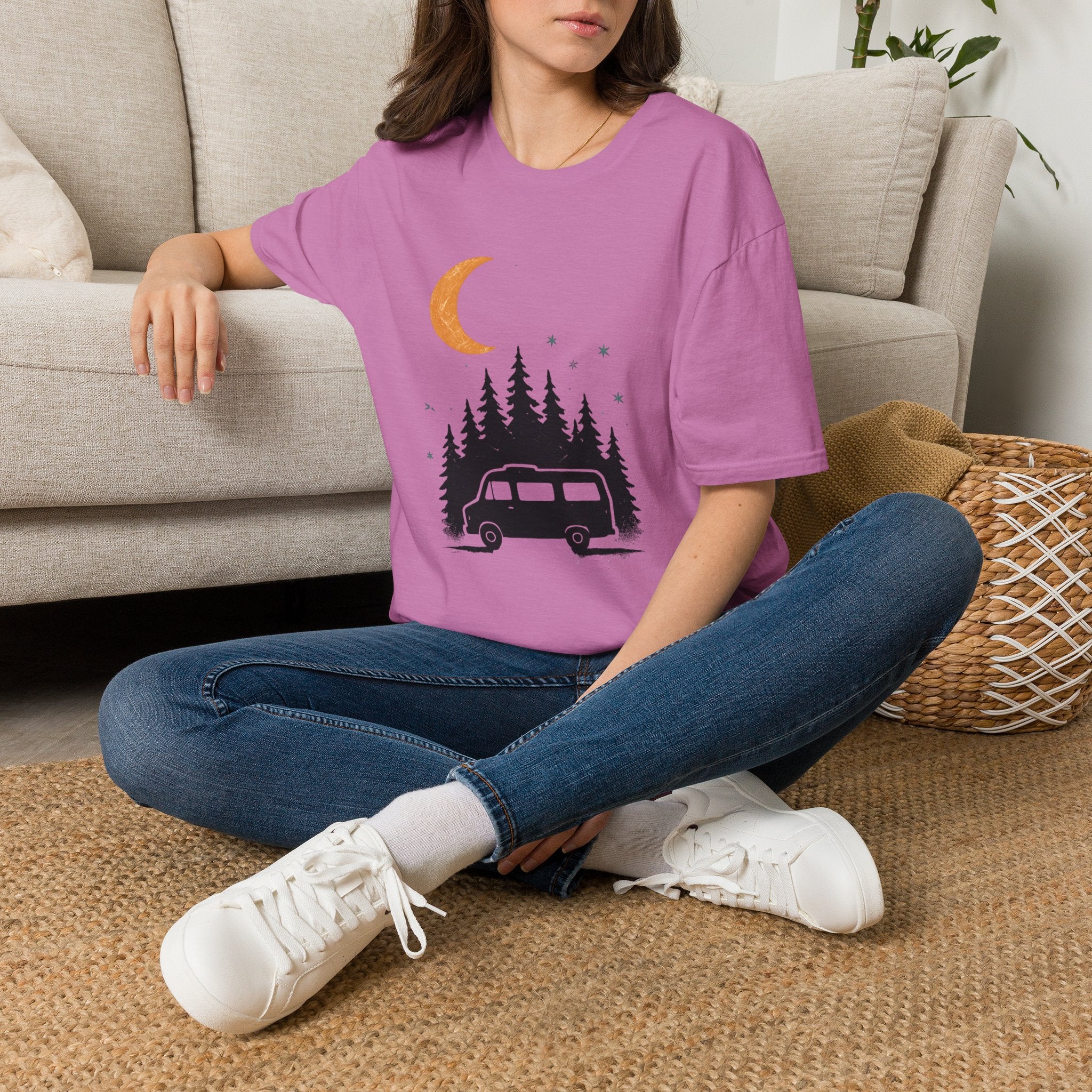 T-Shirt: Retro Camper Night Moon Tee — Forest Van Camping Graphic