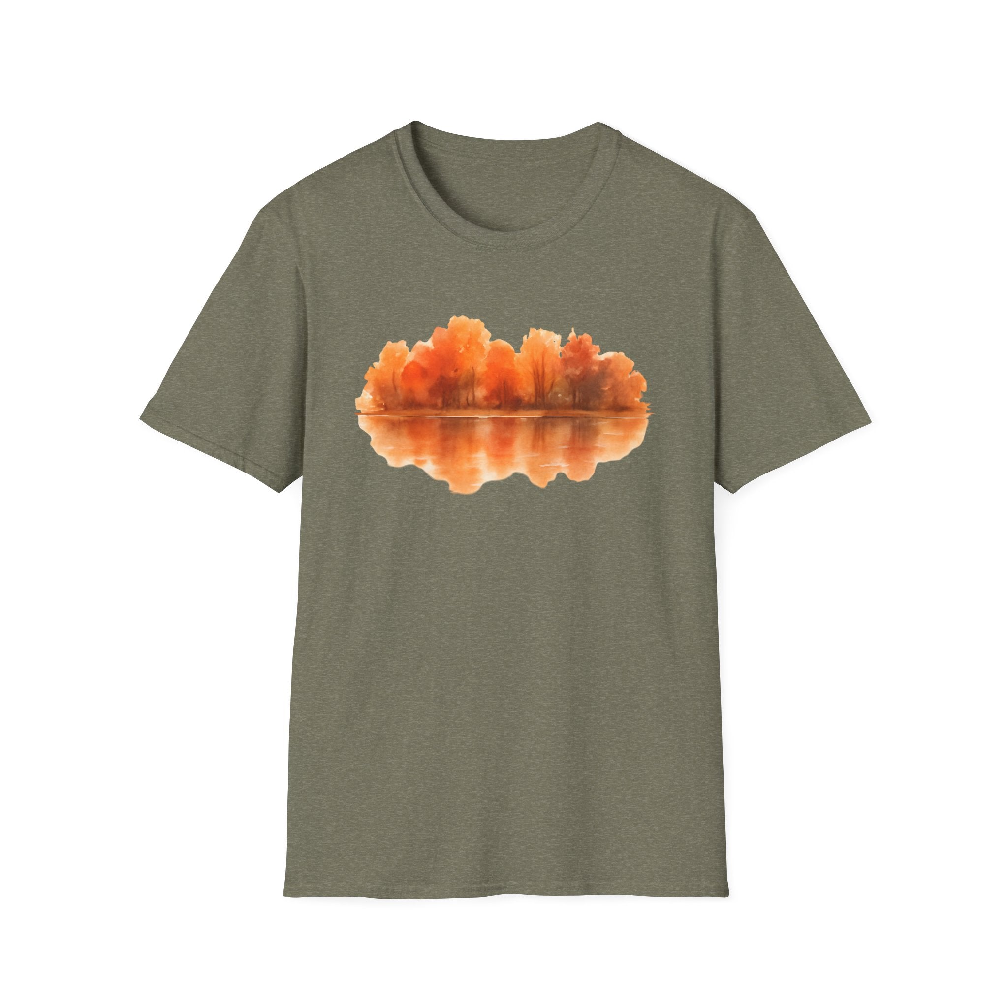 Autumn Lake Reflection T-Shirt — Orange Fall Trees Graphic Tee