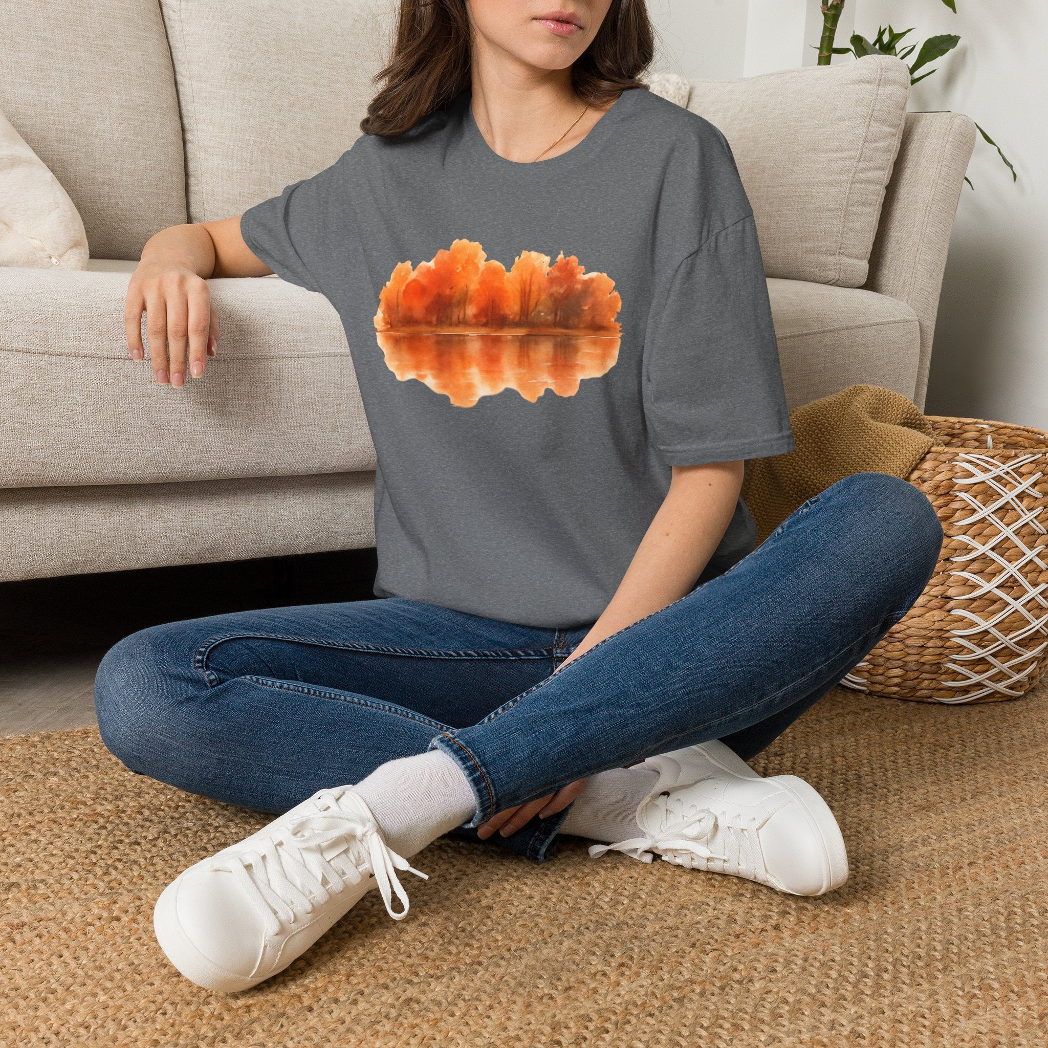 Autumn Lake Reflection T-Shirt — Orange Fall Trees Graphic Tee