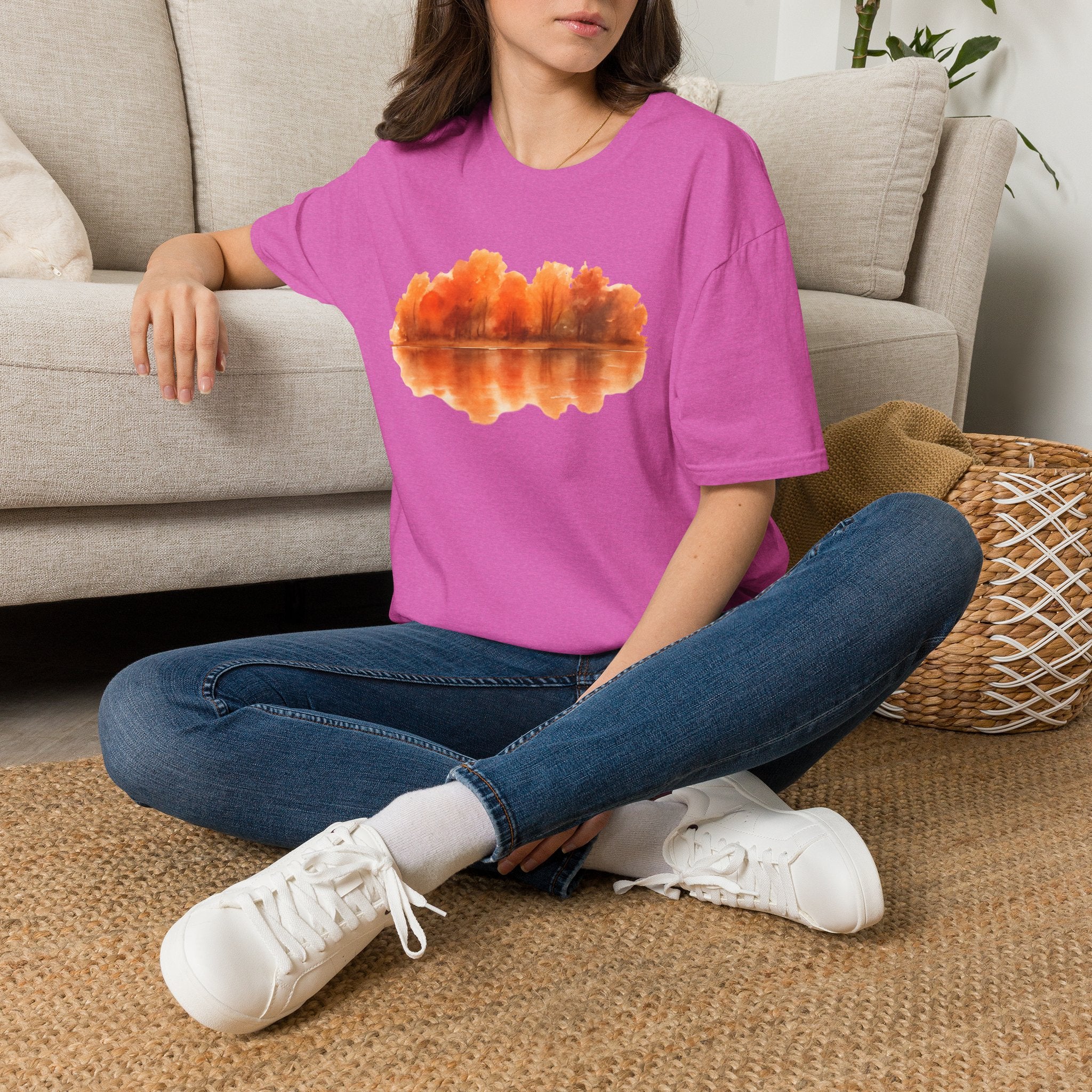 Autumn Lake Reflection T-Shirt — Orange Fall Trees Graphic Tee
