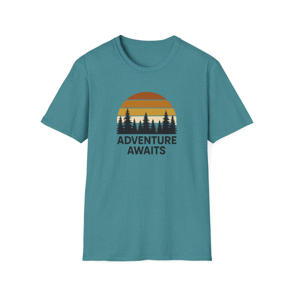 Adventure Awaits T-Shirt — Retro Sunset Forest Graphic Tee