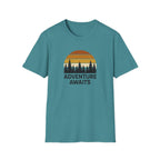 Adventure Awaits T-Shirt — Retro Sunset Forest Graphic Tee
