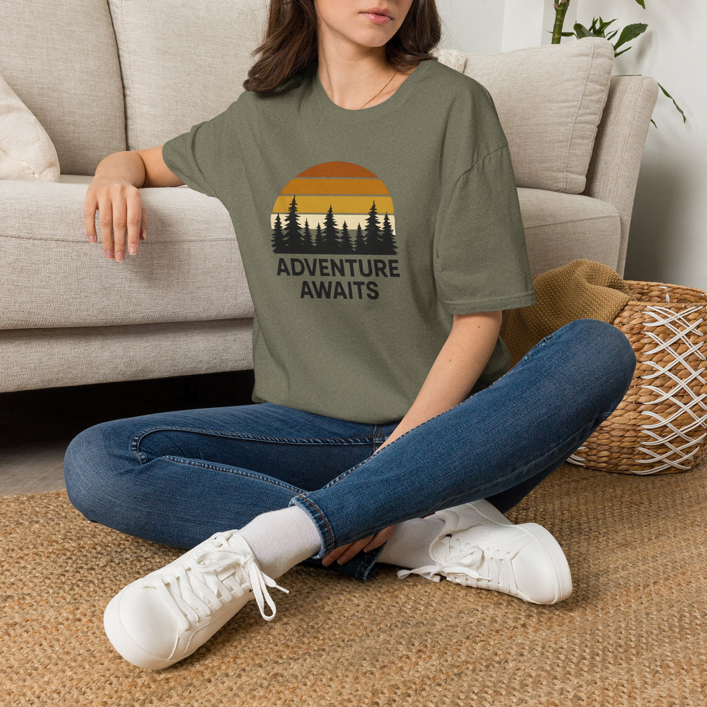 Adventure Awaits T-Shirt — Retro Sunset Forest Graphic Tee