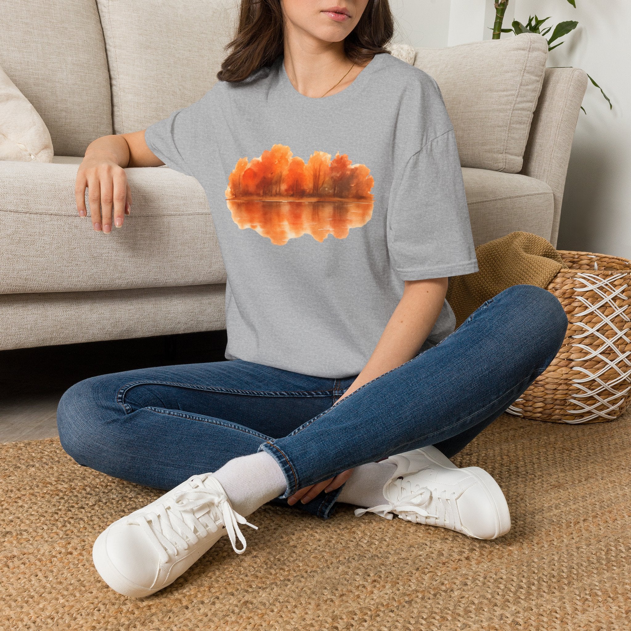 Autumn Lake Reflection T-Shirt — Orange Fall Trees Graphic Tee