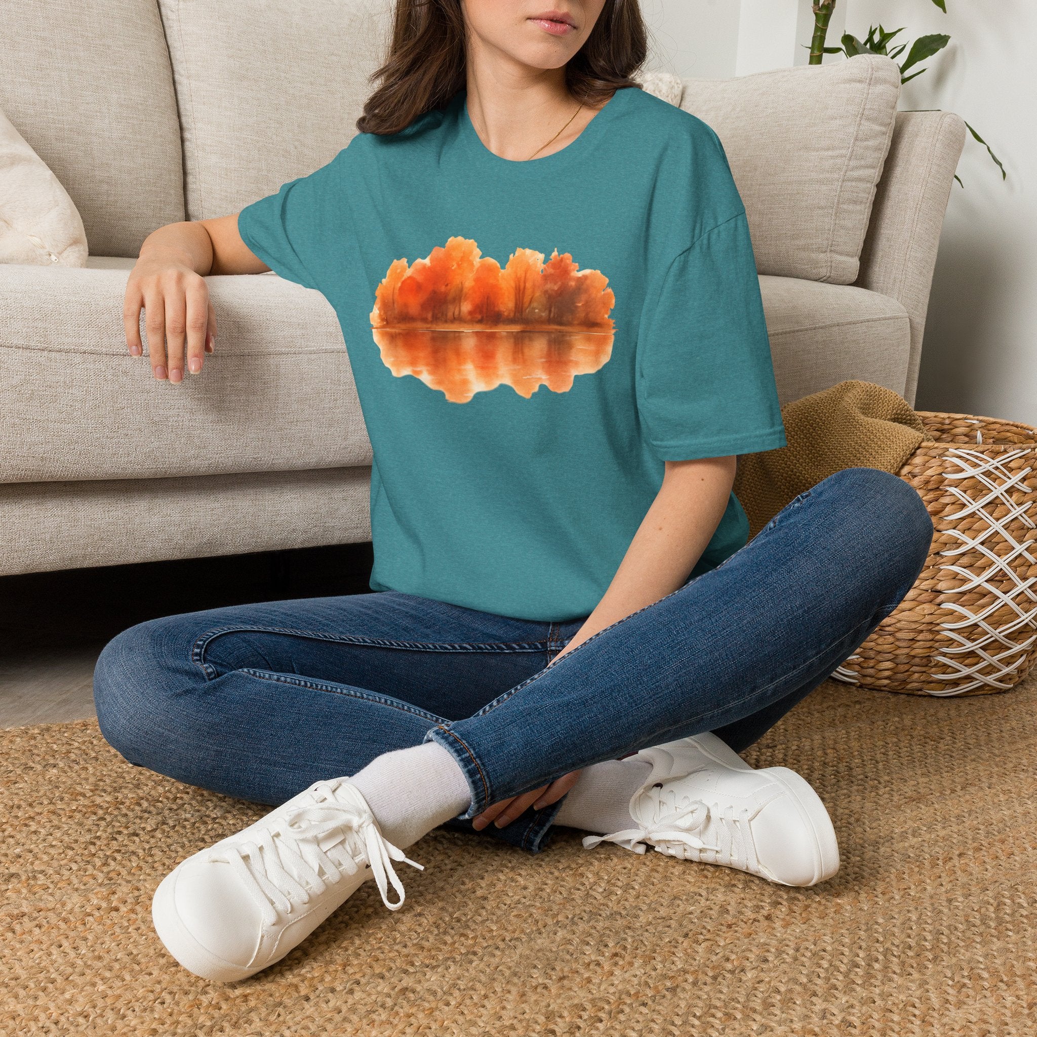 Autumn Lake Reflection T-Shirt — Orange Fall Trees Graphic Tee