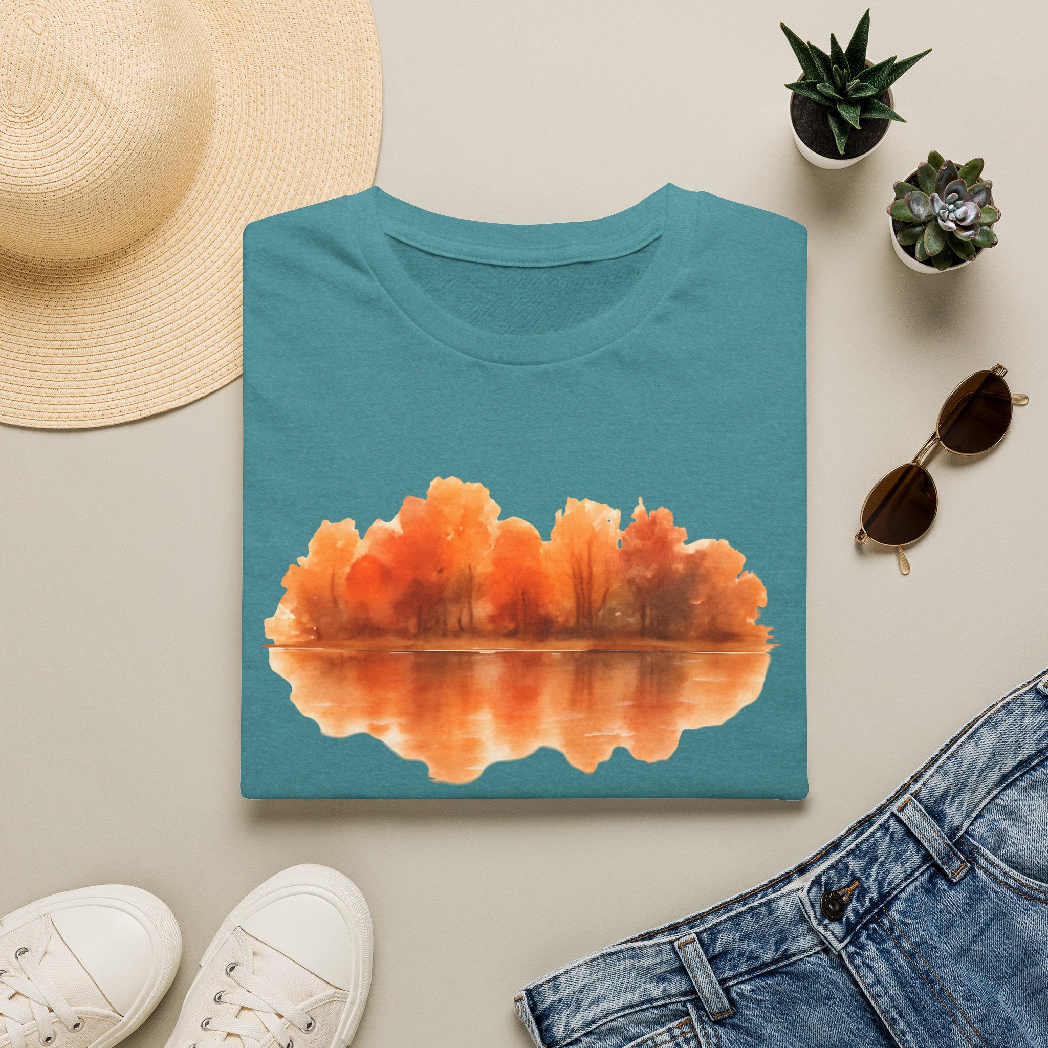 Autumn Lake Reflection T-Shirt — Orange Fall Trees Graphic Tee