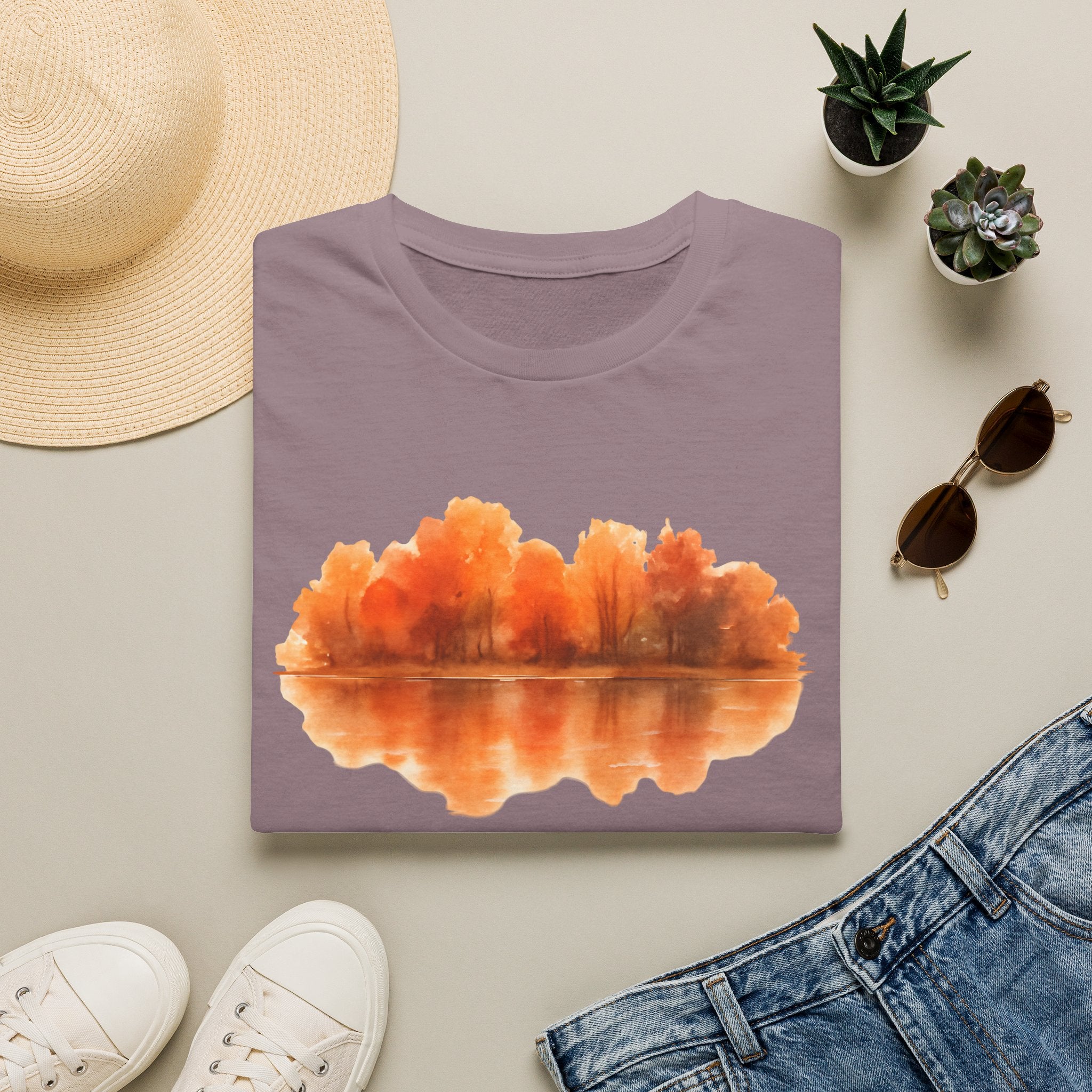 Autumn Lake Reflection T-Shirt — Orange Fall Trees Graphic Tee