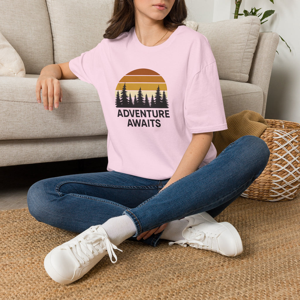 Adventure Awaits T-Shirt — Retro Sunset Forest Graphic Tee