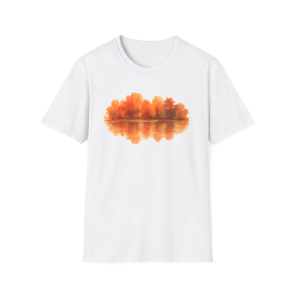 Autumn Lake Reflection T-Shirt — Orange Fall Trees Graphic Tee