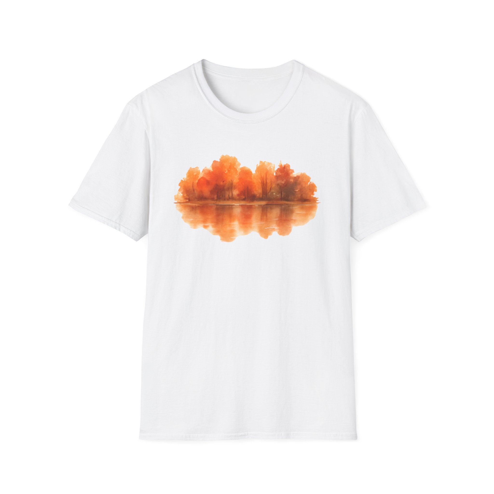 Autumn Lake Reflection T-Shirt — Orange Fall Trees Graphic Tee