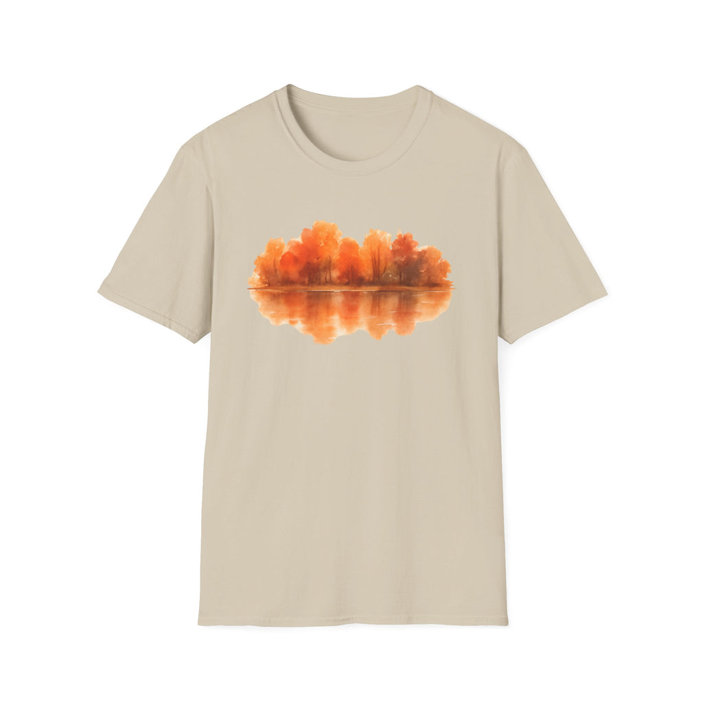 Autumn Lake Reflection T-Shirt — Orange Fall Trees Graphic Tee