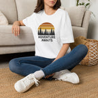 Adventure Awaits T-Shirt — Retro Sunset Forest Graphic Tee